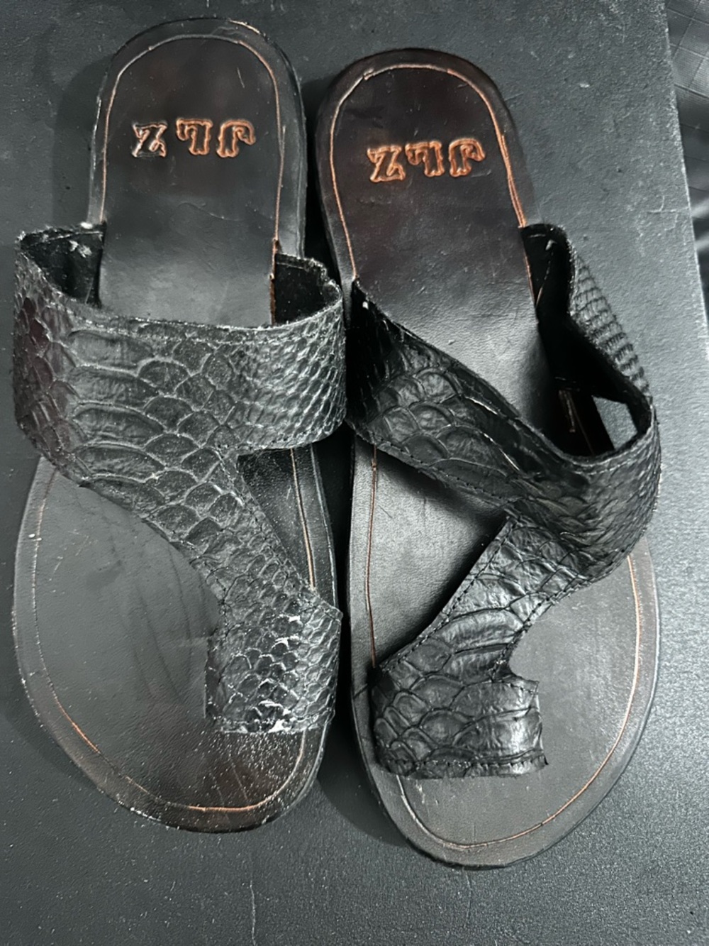 Black Textured Leather Slide Sandals